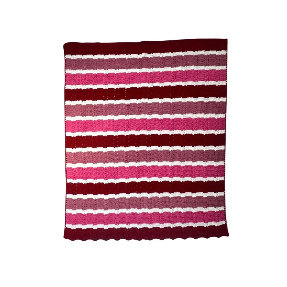 Handmade Crochet Throw Blanket 47x60 Burgundy Pink Excellent Striped Boho